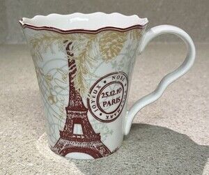 222 Fifth Joyeux Noel Gold Eiffel Tower Porcelain Mug 10 fl oz MW/DW Safe